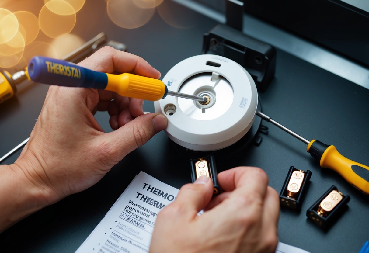 A hand holding a screwdriver, removing the cover of a thermostat. Another hand replaces the batteries. Tools and a manual are nearby