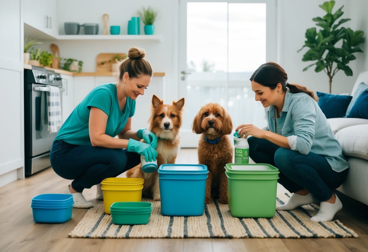 Ein Haustierbesitzer und seine pelzigen Freunde sortieren wiederverwendbare Behälter, kompostieren und verwenden umweltfreundliche Haustierprodukte in einem Zero-Waste-Haus.