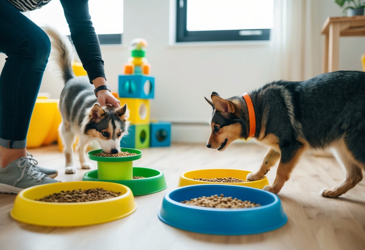 Ein Haustierbesitzer erstellt DIY-Spielzeuge und Futterstationen aus recycelten Materialien, während ihre pelzigen Freunde in einer Zero-Waste-Umgebung spielen.