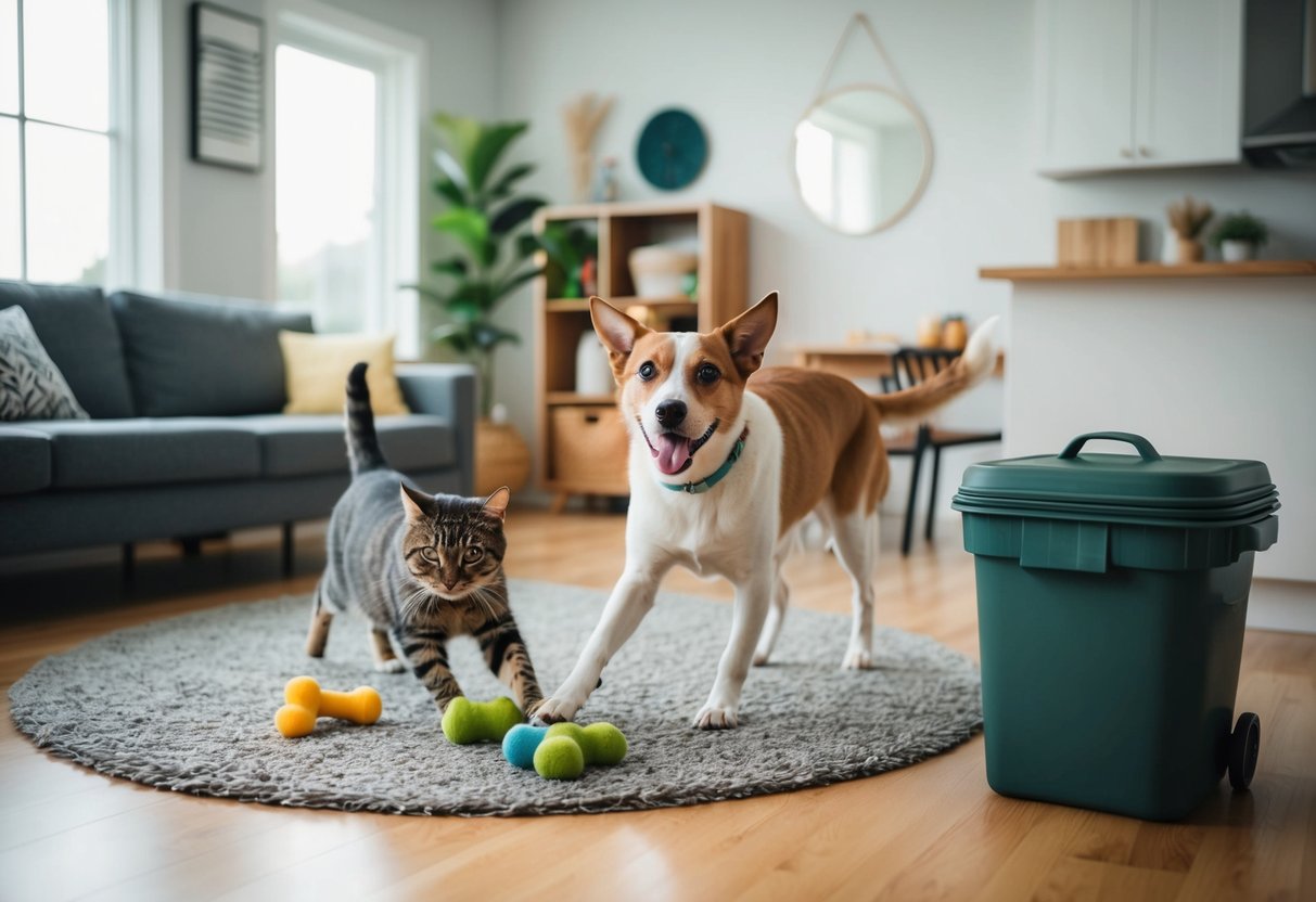 Ein Hund und eine Katze spielen in einem aufgeräumten, umweltfreundlichen Zuhause mit wiederverwendbarem Tierspielzeug und einem Kompostbehälter.