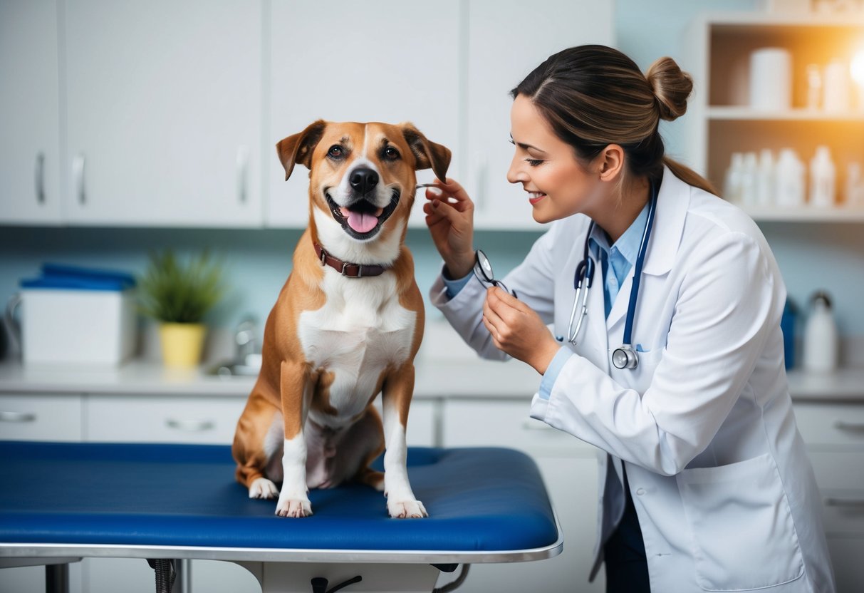 Ein glücklicher Hund sitzt auf dem Tisch eines Tierarztes, während ein fürsorglicher Tierarzt seine Ohren mit einem Stethoskop untersucht.