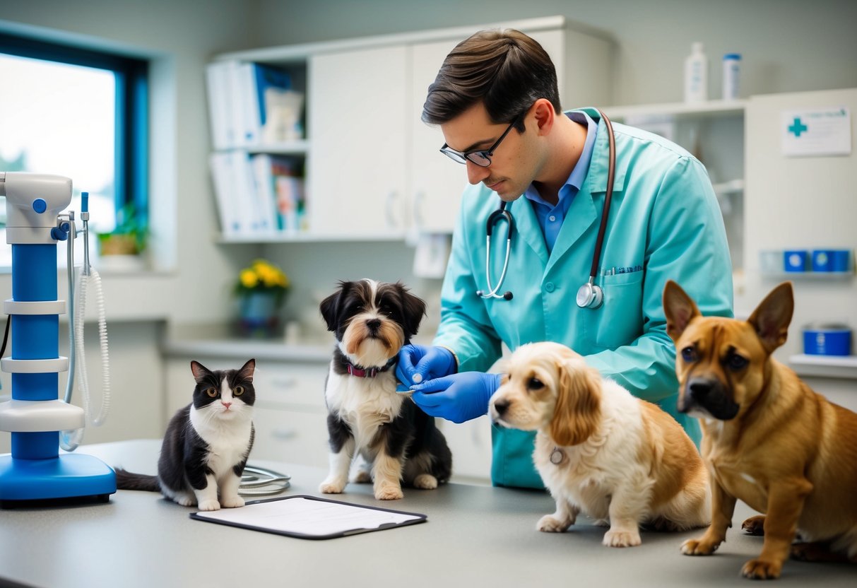 Ein Tierarzt, der eine Vielzahl von Haustieren in einer Klinik untersucht, mit medizinischer Ausrüstung und Tieren anwesend.