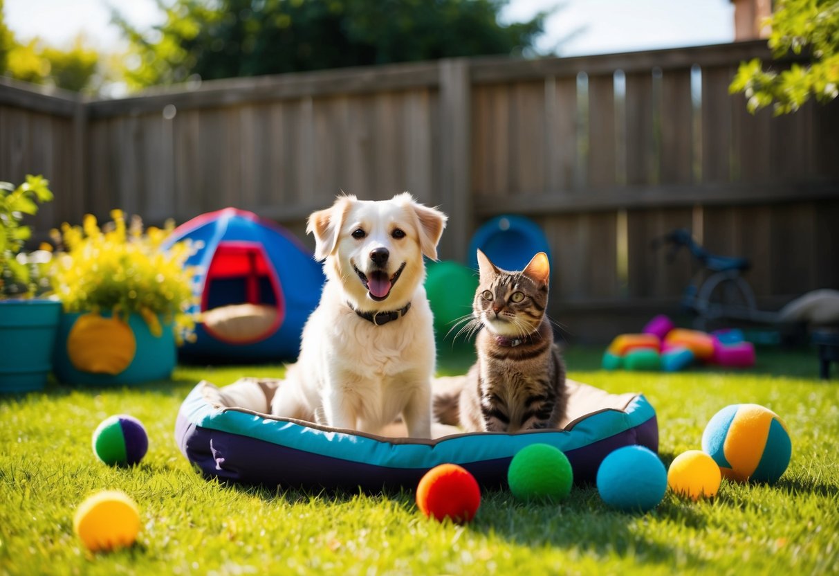 Ein glücklicher Hund und eine Katze spielen in einem sonnigen Garten, umgeben von bunten Spielzeugen und einem gemütlichen Haustierbett.