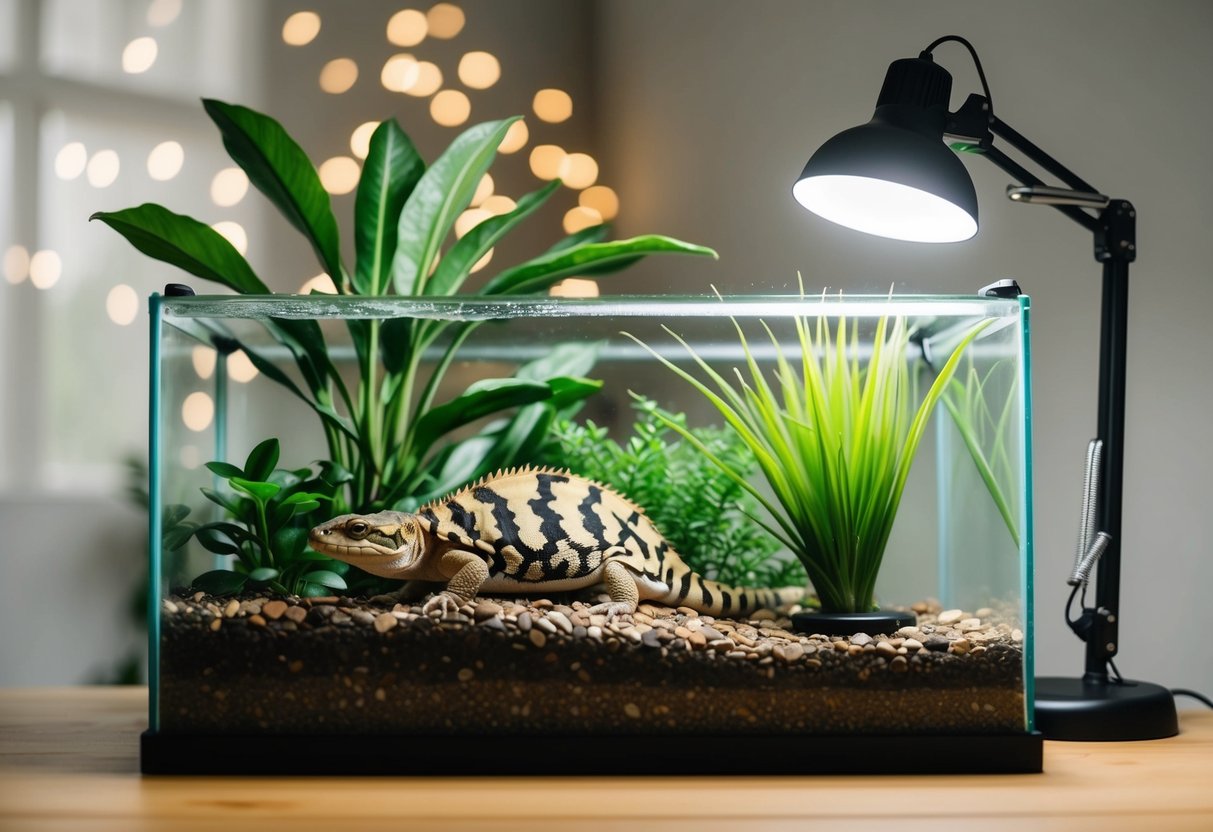 Ein Reptilien-Terrarium mit üppigen grünen Pflanzen, einer Wärmelampe und einem kleinen Wasserfall.