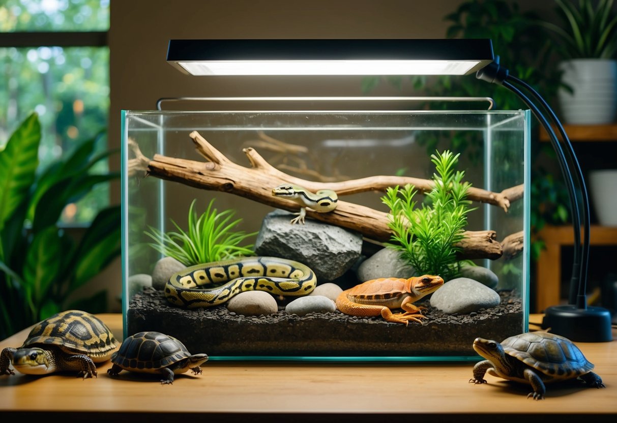 Ein üppiges Terrarium mit Steinen, Ästen und einer Wärmelampe, das eine Vielzahl von Reptilien wie Schlangen, Eidechsen und Schildkröten beherbergt.