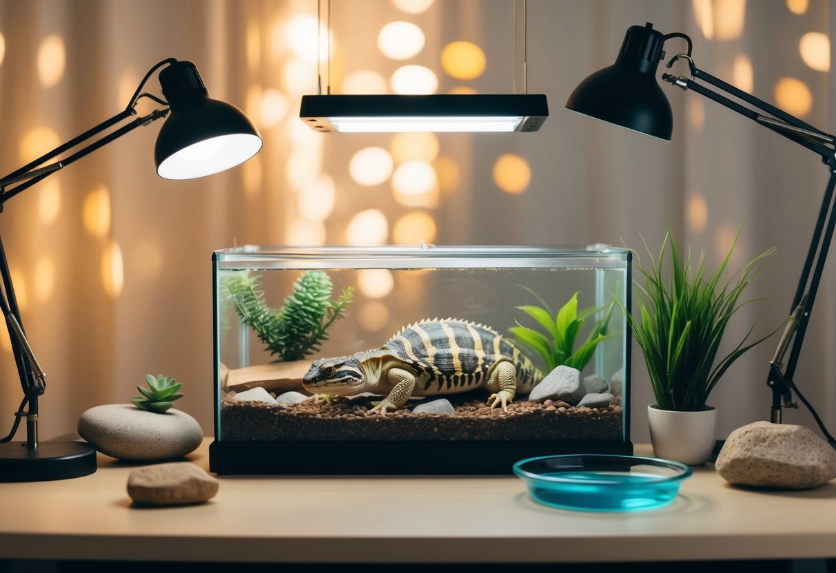 Ein Reptilien-Terrarium mit ordnungsgemäßer Einrichtung, einschließlich Wärme lampen, Felsen, Pflanzen und einer Wasserschale