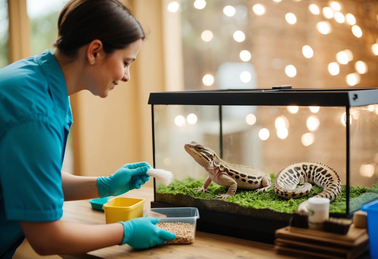 Ein Reptilien-Terrarium, das von einem Pfleger gereinigt und gefüttert wird