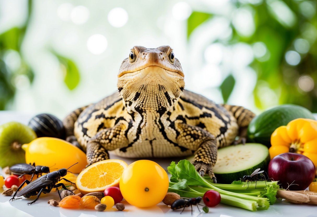 Ein Reptil, umgeben von einer Vielzahl von Insekten, Früchten und Gemüse, das die vielfältige Ernährung der Reptilien darstellt.