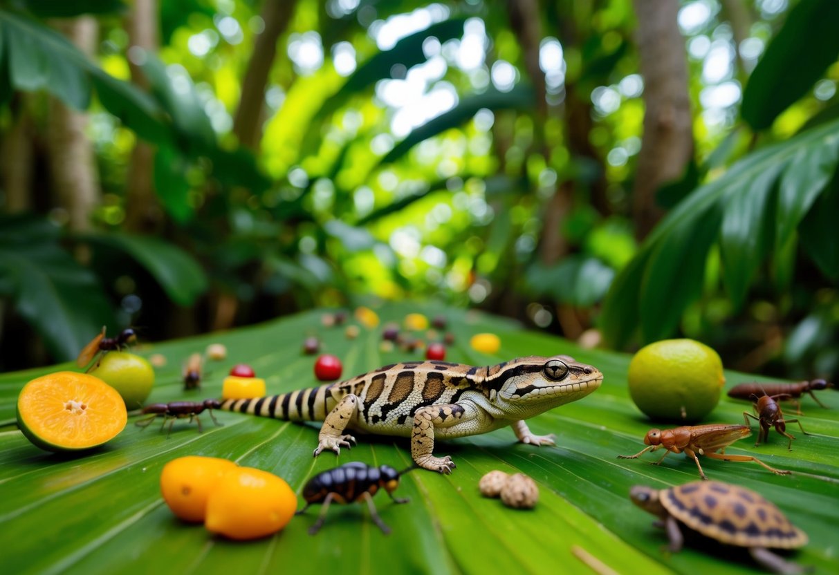 Ein üppiger tropischer Wald mit verschiedenen Insekten, Früchten und kleinen Tieren, die für die spezifischen Ernährungsbedürfnisse bestimmter Reptilienarten verteilt sind.