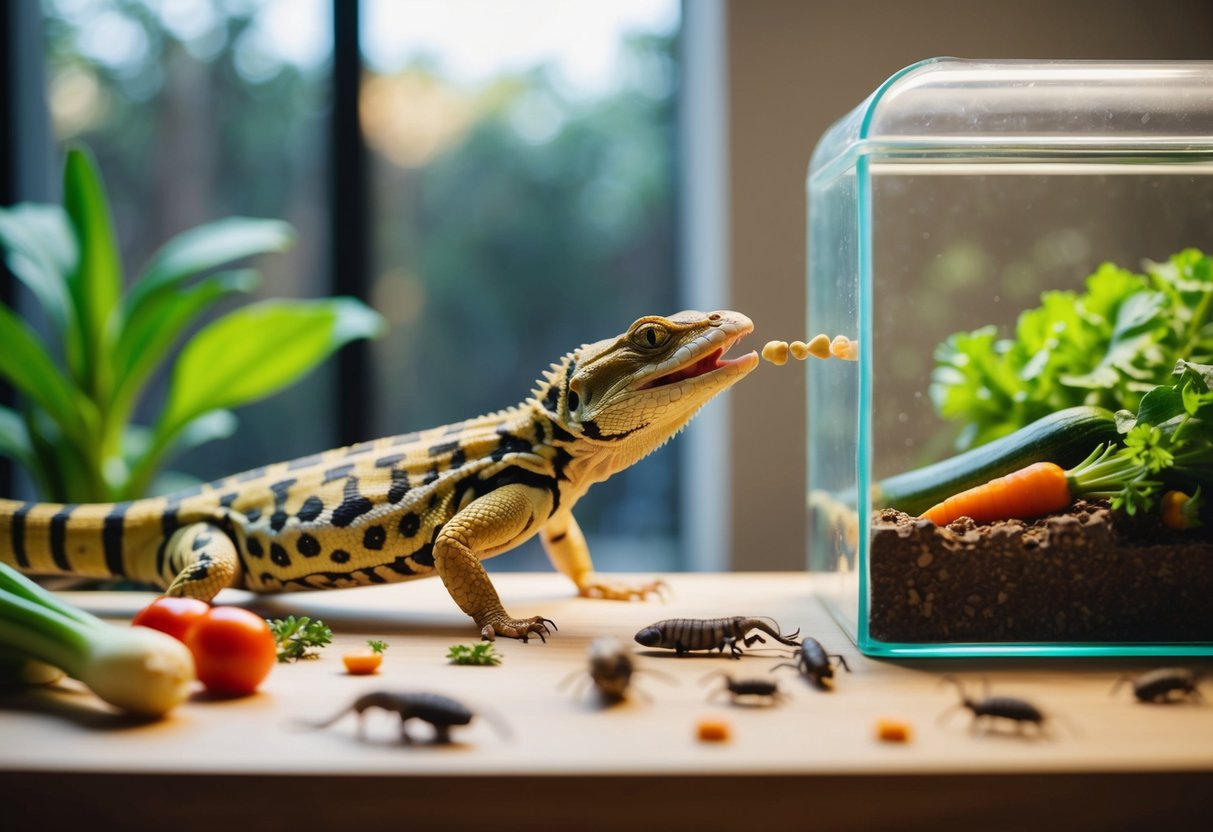 Ein Reptil wird in seinem Terrarium gefüttert, mit einer Vielzahl von Insekten und Gemüse, die im Lebensraum verteilt sind.