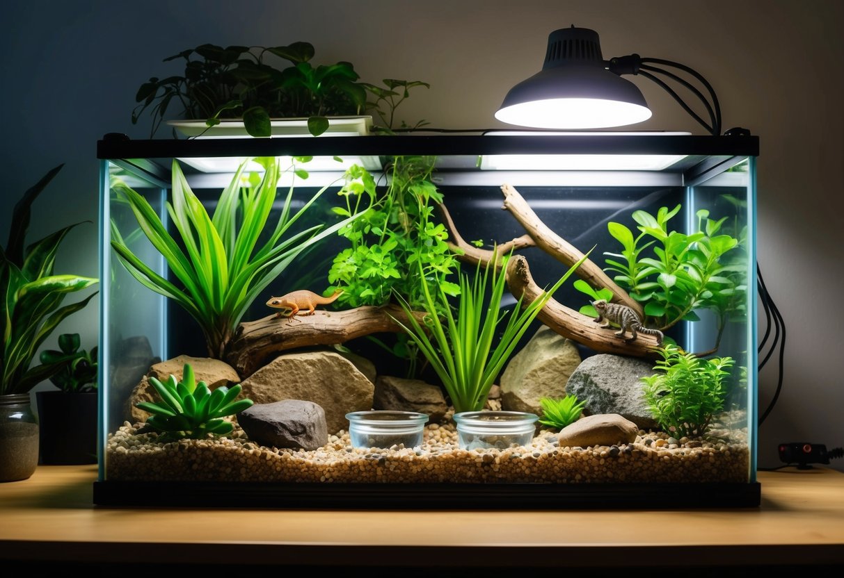 Ein üppiges Terrarium mit einer Vielzahl von lebenden Pflanzen, Steinen und Ästen. Eine Wärmelampe und UVB-Licht sorgen für Wärme und die richtige Beleuchtung für die Reptilien. Wasser- und Futterschalen sind strategisch platziert, um einen einfachen Zugang zu ermöglichen.