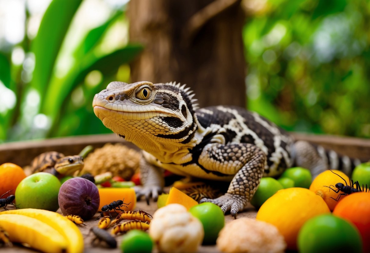 Ein Reptil in seinem Lebensraum, umgeben von verschiedenen Arten von Nahrung wie Insekten, Früchten und Gemüse.