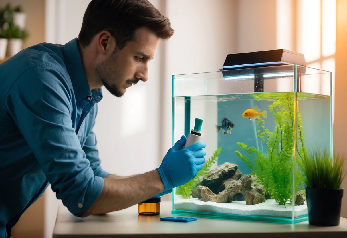 Ein Anfänger pflegt ein Aquarium sorgfältig, testet die Wasserqualität und fügt Behandlungen hinzu.