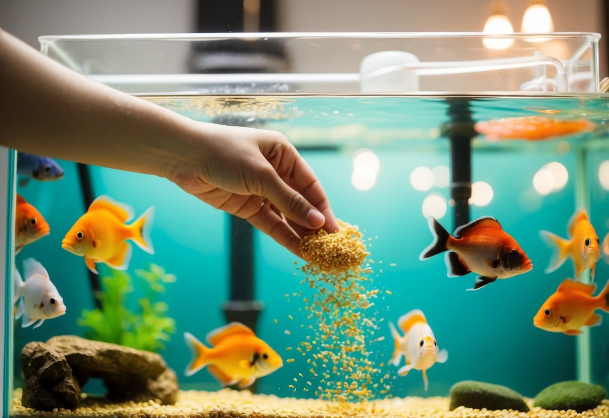 Eine Hand streut Fischfutter in ein glückliches Aquarium voller bunter Fische.