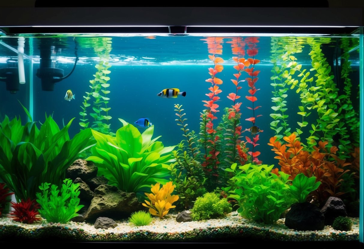 Üppig grüne Pflanzen und bunte Dekorationen füllen das Aquarium und schaffen eine lebendige Unterwasserlandschaft.