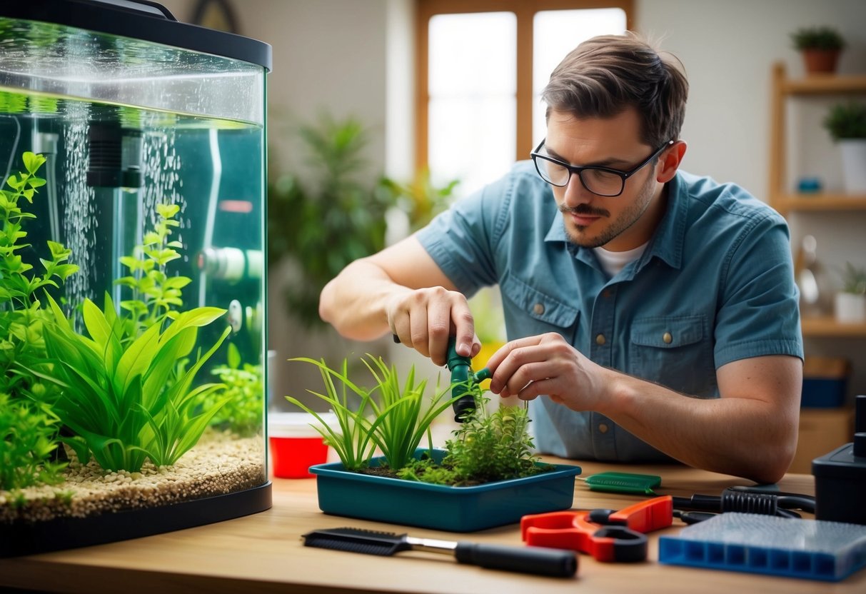 Ein Anfänger schneidet und düngt Aquarienpflanzen sorgfältig, umgeben von verschiedenen Werkzeugen und Geräten. Die Pflanzen gedeihen im gut gepflegten Aquarium.