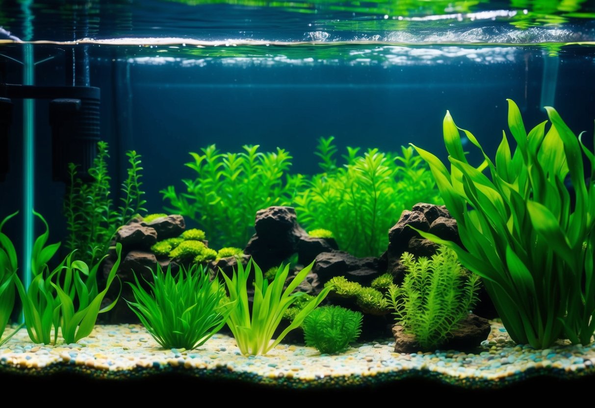 Eine üppige Unterwasserlandschaft mit lebhaften grünen Wasserpflanzen, die eine ruhige und natürliche Aquarienumgebung für Anfänger schafft.