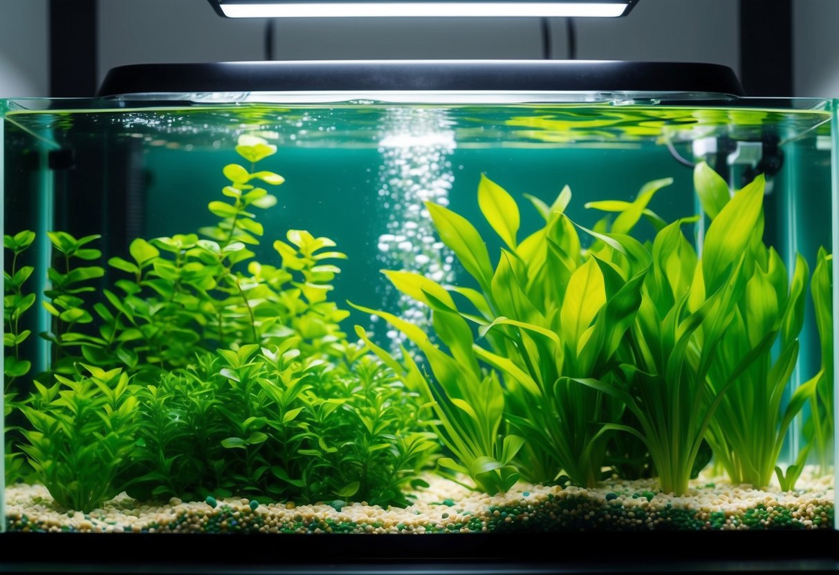 Üppige grüne Wasserpflanzen füllen ein lebhaftes Aquarium, mit sprudelnder Technik und klarem Wasser