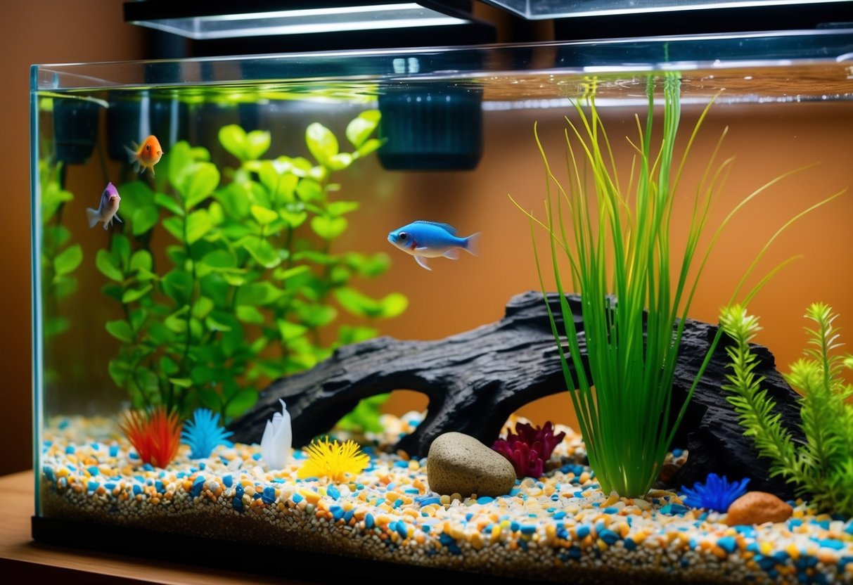 Ein buntes Aquarium mit Kies, Pflanzen und Dekorationen für Anfänger in der Fischhaltung