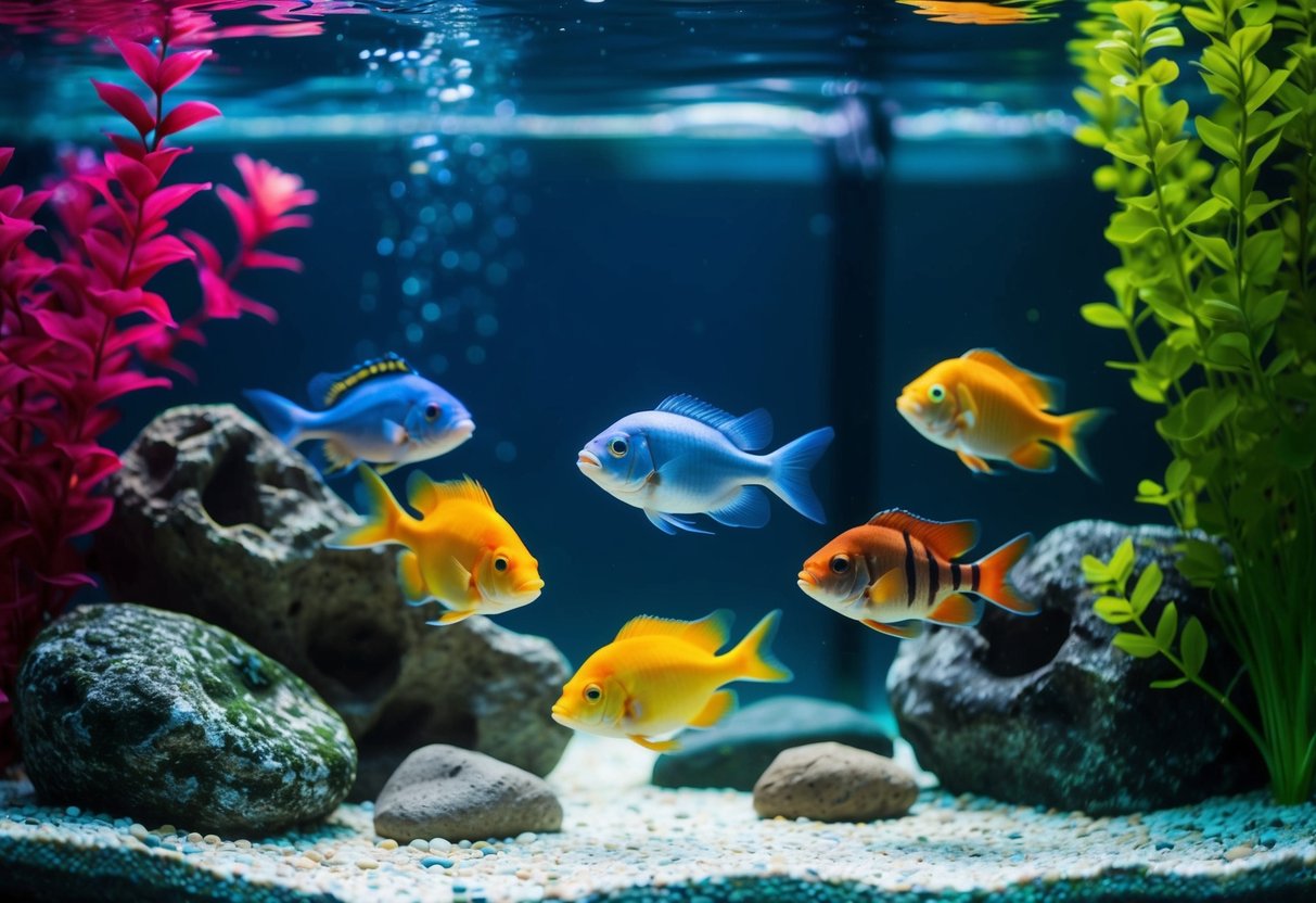 Eine ruhige Unterwasserszene mit bunten Anfänger-Aquarienfischen, die zwischen lebhaften Pflanzen und Steinen schwimmen.