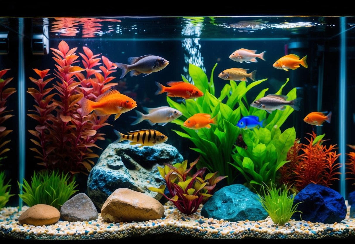 Ein buntes Aquarium mit verschiedenen Fischarten, die zwischen lebhaften Pflanzen und Steinen schwimmen.