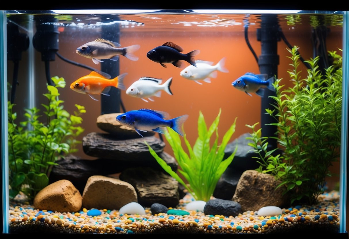 Ein buntes Aquarium, gefüllt mit beliebten Anfängeraquarienfischen, die zwischen Pflanzen und Steinen schwimmen.