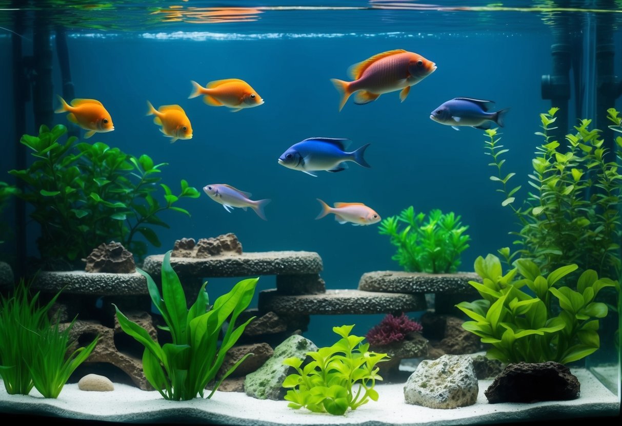 Eine ruhige Unterwasserlandschaft mit bunten Fischen, üppigen Pflanzen und einer Vielzahl von Versteckmöglichkeiten, die die perfekte Umgebung für Anfänger-Aquarienfische schaffen.