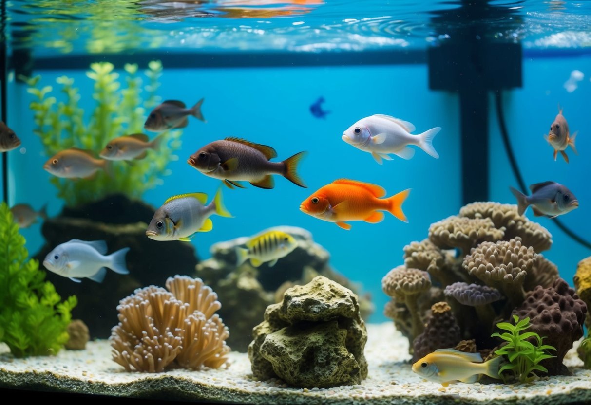 Eine vielfältige Gemeinschaft von Anfänger-Aquarienfischen interagiert in einer lebhaften Unterwasserumgebung, die ihr Sozialverhalten und die angemessene Besatzdichte zeigt.