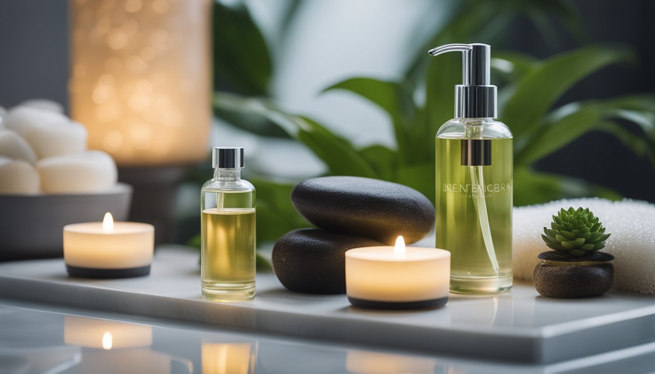 A serene spa setting with various skincare products, plants, and soothing lighting