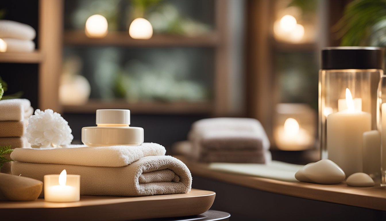 A serene spa environment with shelves of skincare products, soft lighting, and a comfortable treatment chair