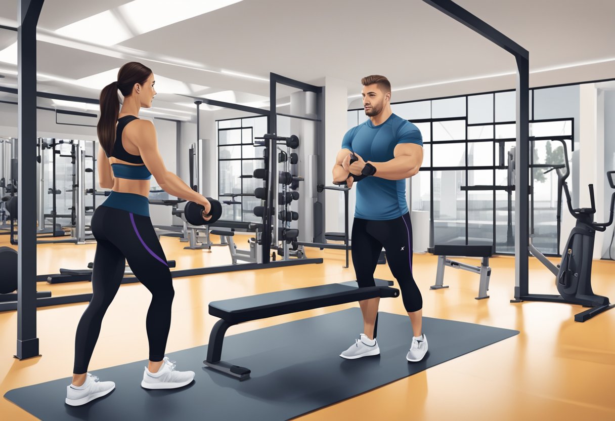 En personlig træner, der vejleder en klient gennem en træning i et moderne fitnesscenter i Ikast