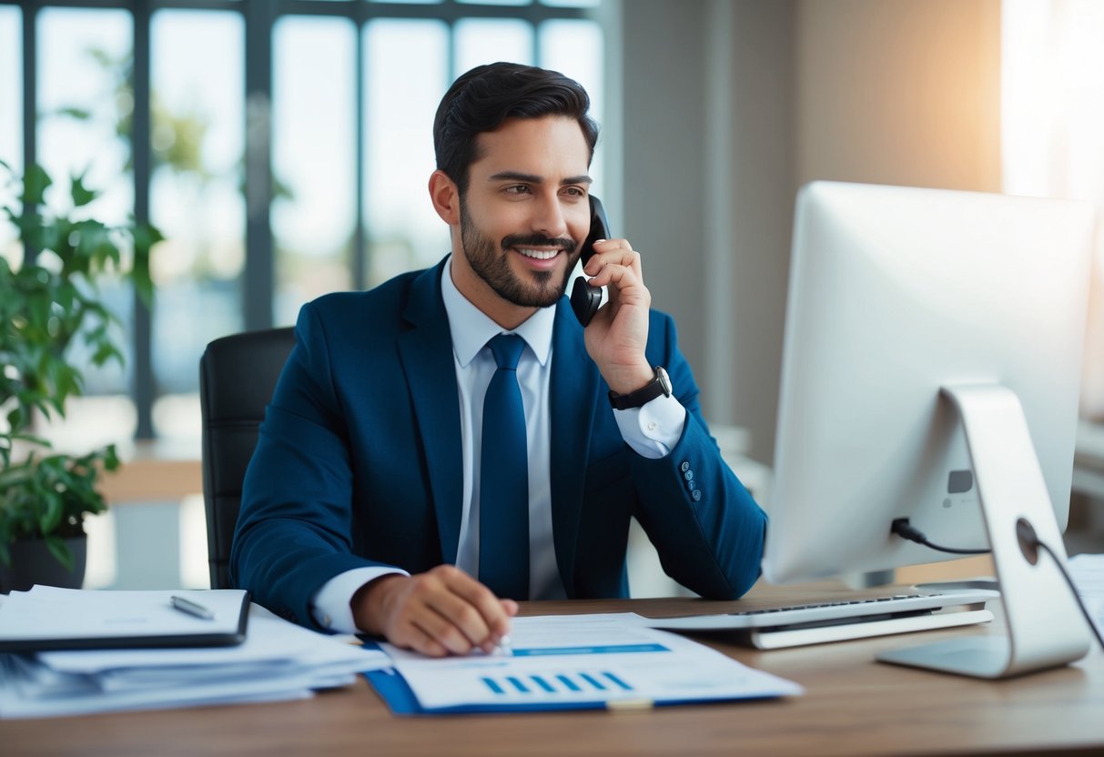 An insurance agent sitting at a desk, speaking to a client on the phone while surrounded by paperwork and a computer