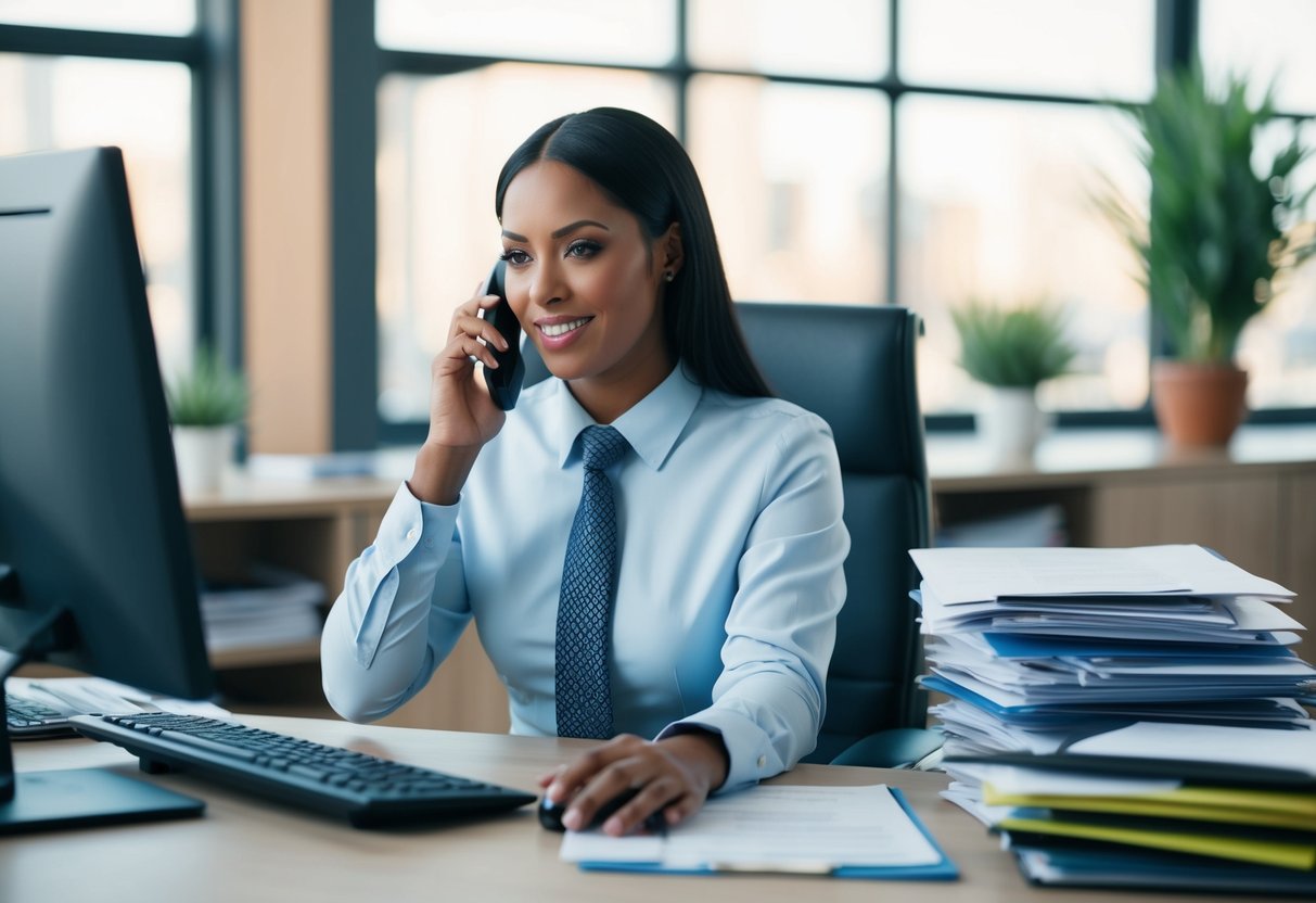 An insurance agent at a desk, speaking on the phone and typing on a computer while surrounded by files and paperwork