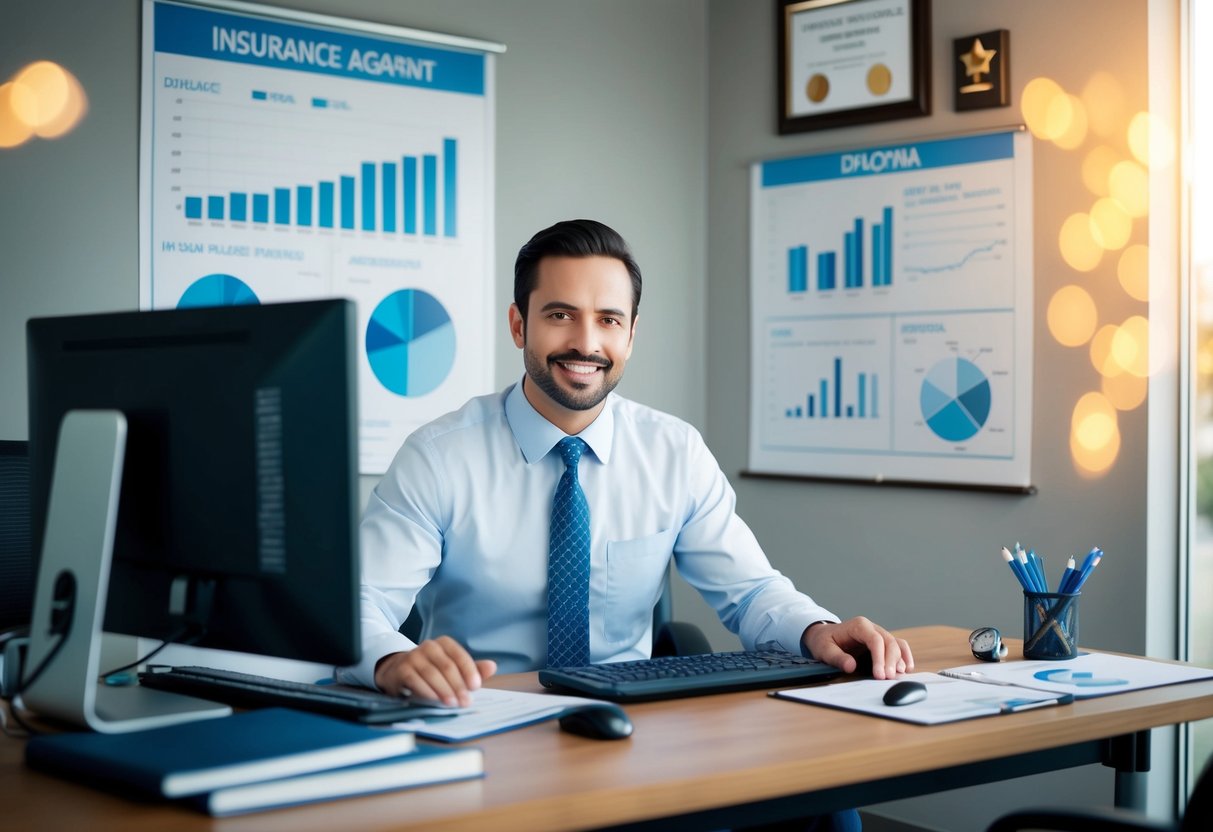 An insurance agent sitting at a desk, surrounded by charts, graphs, and a computer. A diploma and awards are displayed on the wall