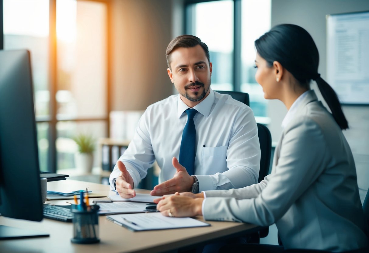 An insurance agent sitting at a desk, explaining policies to a customer in an office setting