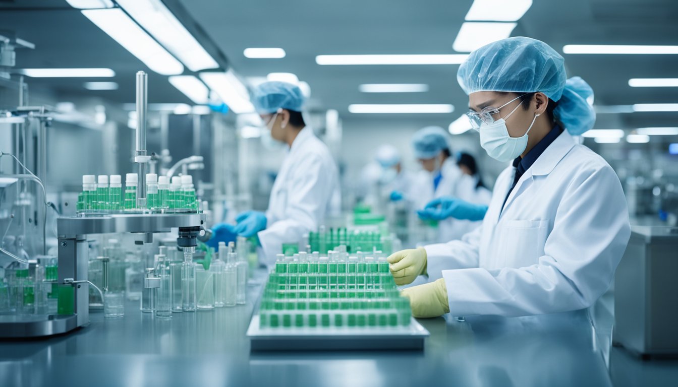 A modern biotechnology facility in China, with sleek machinery and workers in lab coats, producing xylooligosaccharides