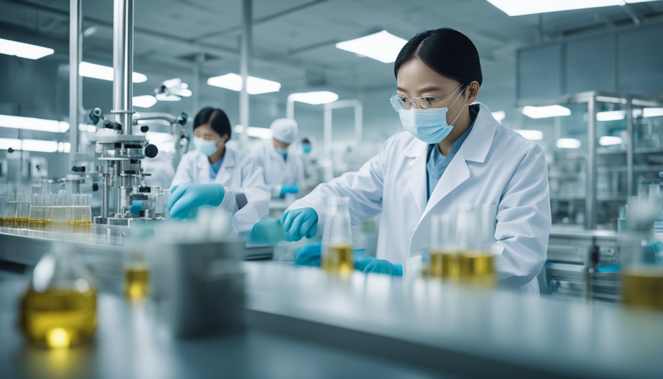 A modern bio-technology factory in China, with large equipment and workers in lab coats producing xylooligosaccharide