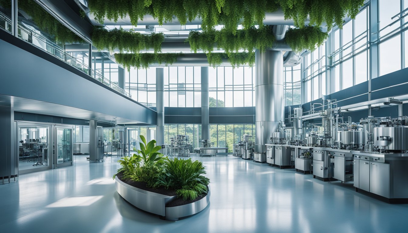 A modern biotech facility with sleek architecture and advanced equipment, surrounded by lush greenery and a clear blue sky