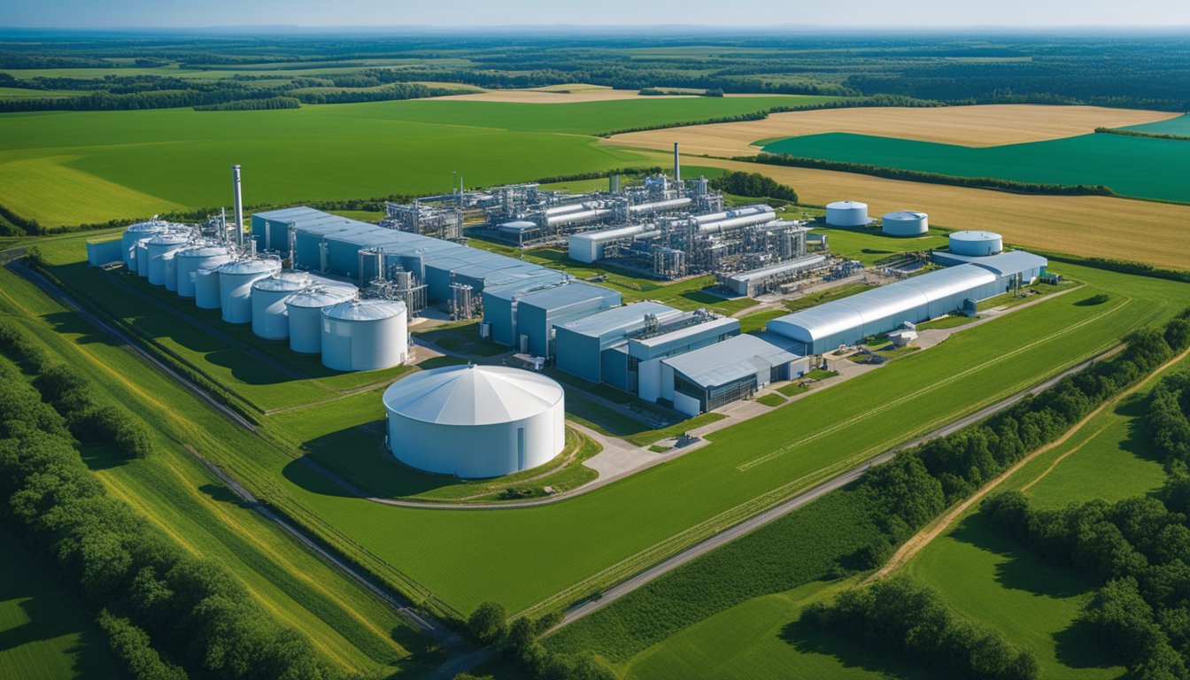 A modern industrial facility with research labs and production lines, surrounded by lush green fields and a clear blue sky