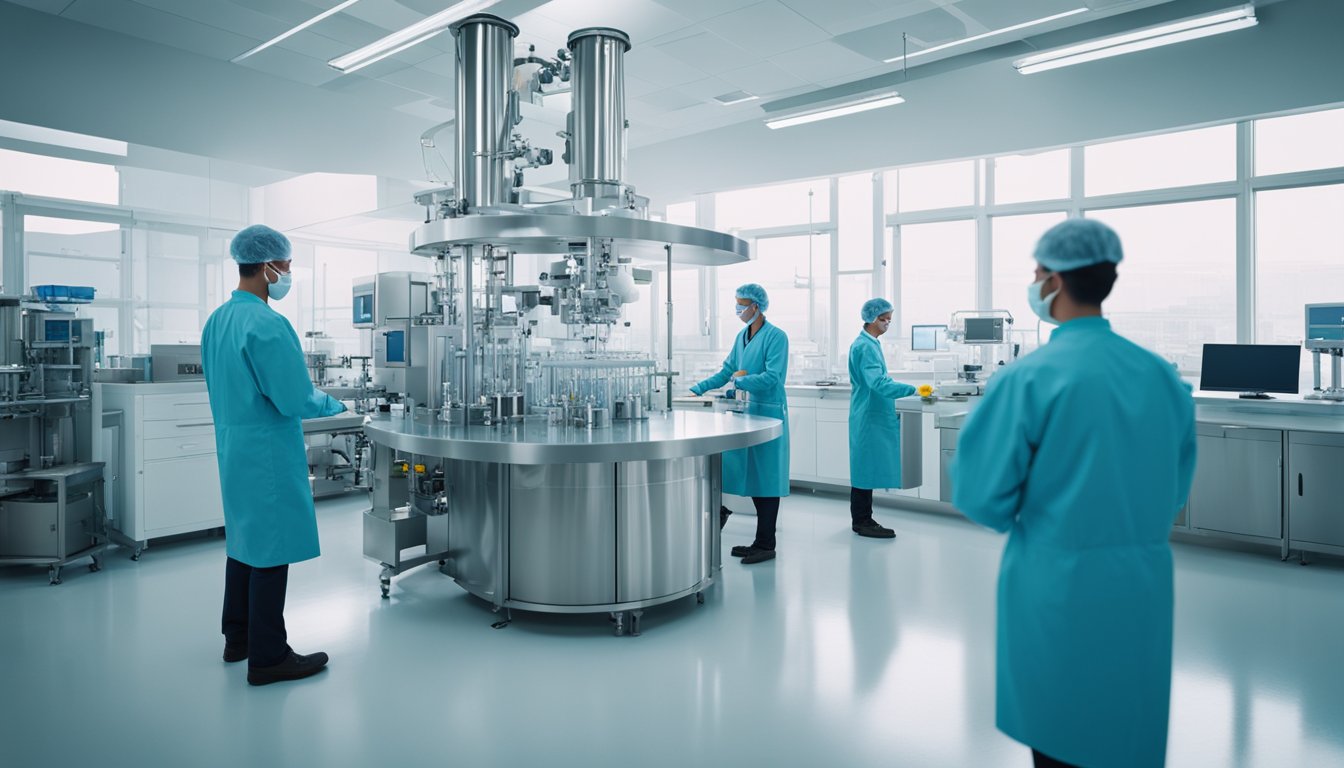 A modern biotech facility with large equipment and workers in lab coats, producing xylooligosaccharide products