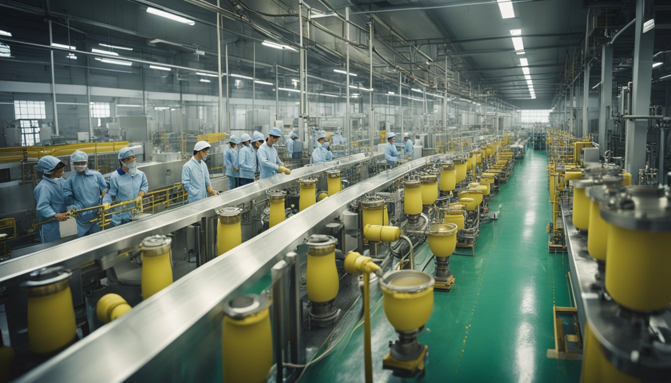 A bustling Chinese factory floor with workers overseeing the production of xylooligosaccharide, large vats and machinery in the background