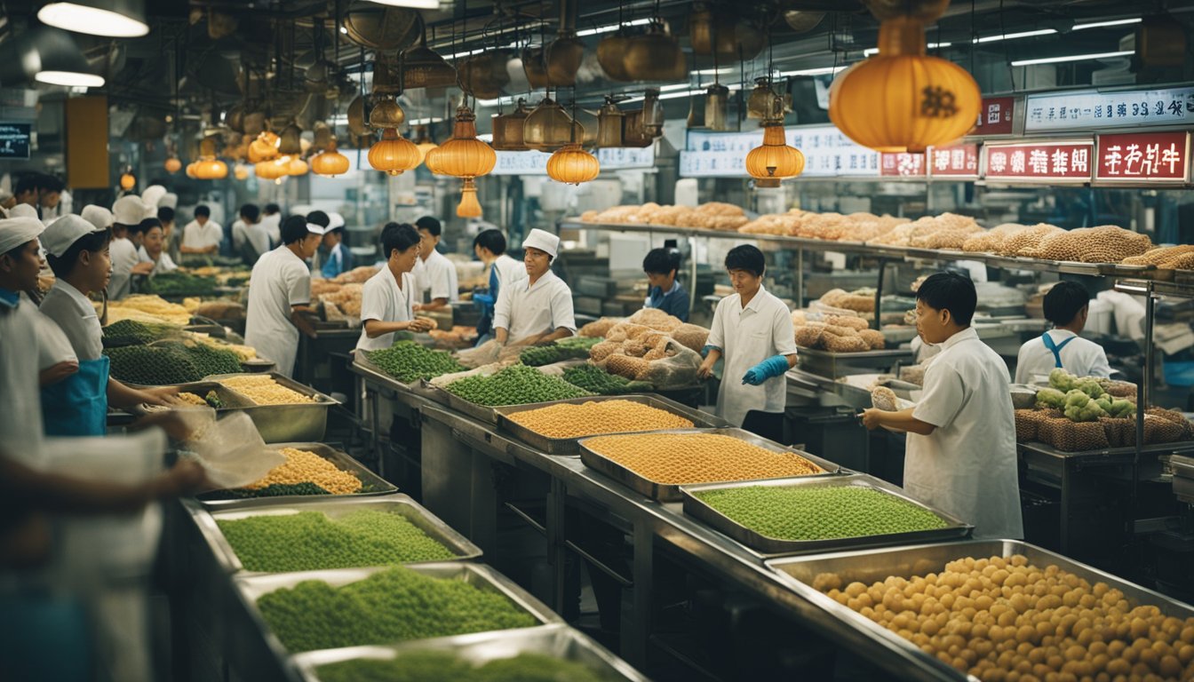 A bustling Chinese market with 10 prominent xylooligosaccharide factories, showcasing modern industrial facilities and busy workers