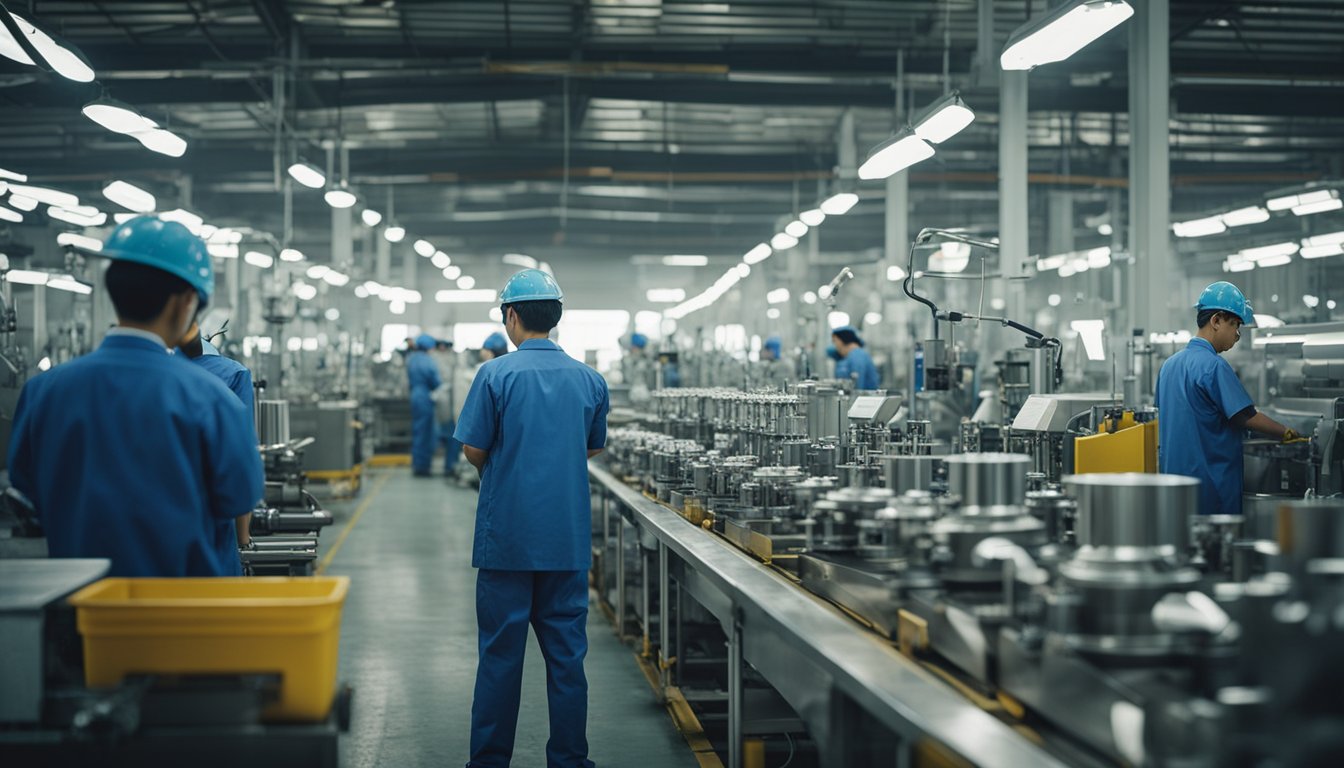 A bustling Chinese factory floor, with workers overseeing large machines producing xylooligosaccharide