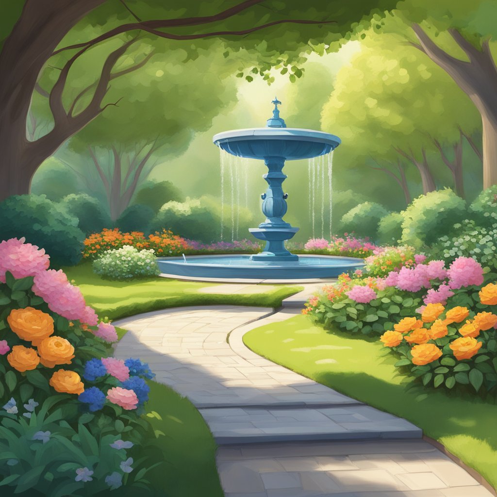 Um jardim sereno com um caminho sinuoso, flores vibrantes e uma fonte tranquila cercada por bancos e árvores