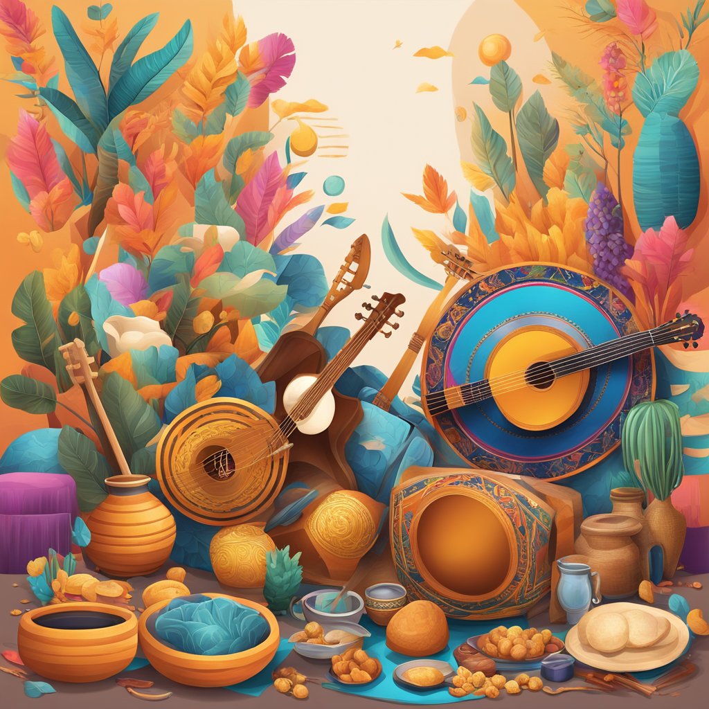 Um grupo de diversos símbolos e artefatos culturais, como roupas tradicionais, instrumentos musicais e alimentos, dispostos em uma composição vibrante e dinâmica.
