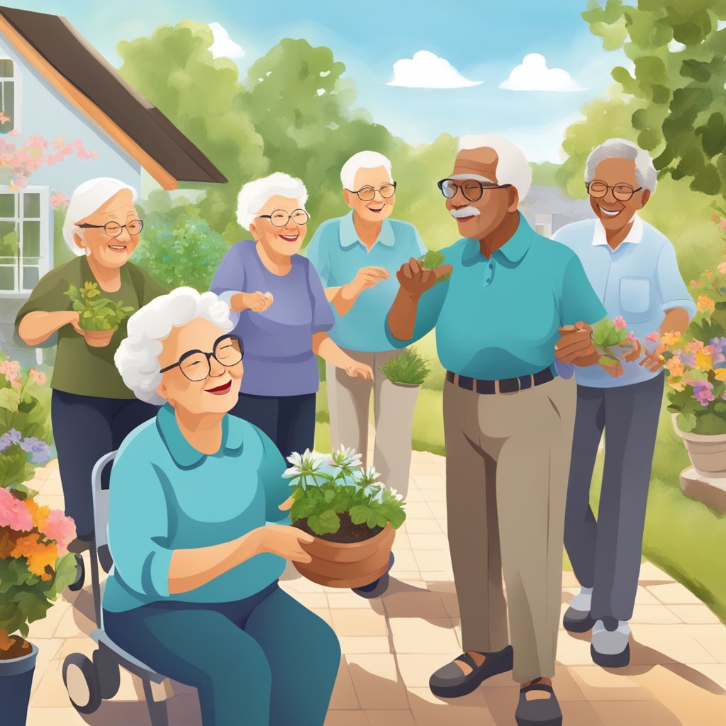 Um grupo de idosos participa de várias atividades culturais e sociais, como dança, jardinagem e pintura, como parte de um programa de envelhecimento ativo.