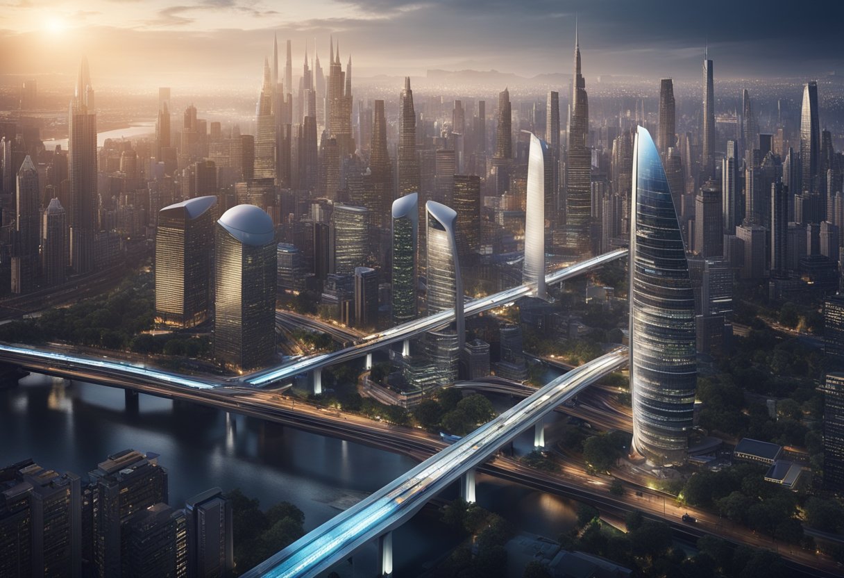 Um horizonte urbano movimentado com edifícios futuristas e sistemas de transporte, mostrando a integração da IA em vários aspectos da vida cotidiana.