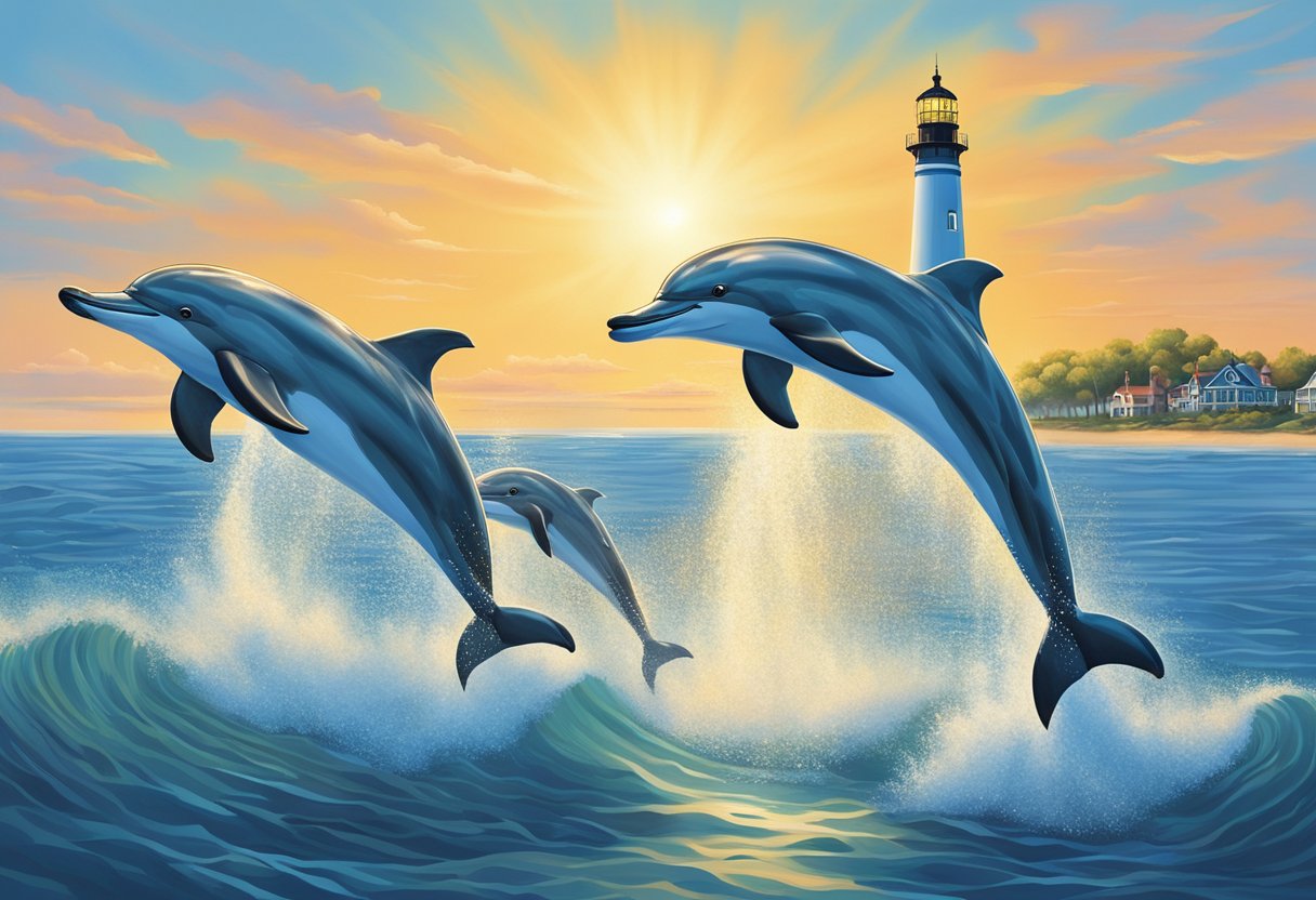 A pod of dolphins leaps through the sparkling waters off the coast of Cape May, NJ, against a backdrop of a clear blue sky and a distant lighthouse