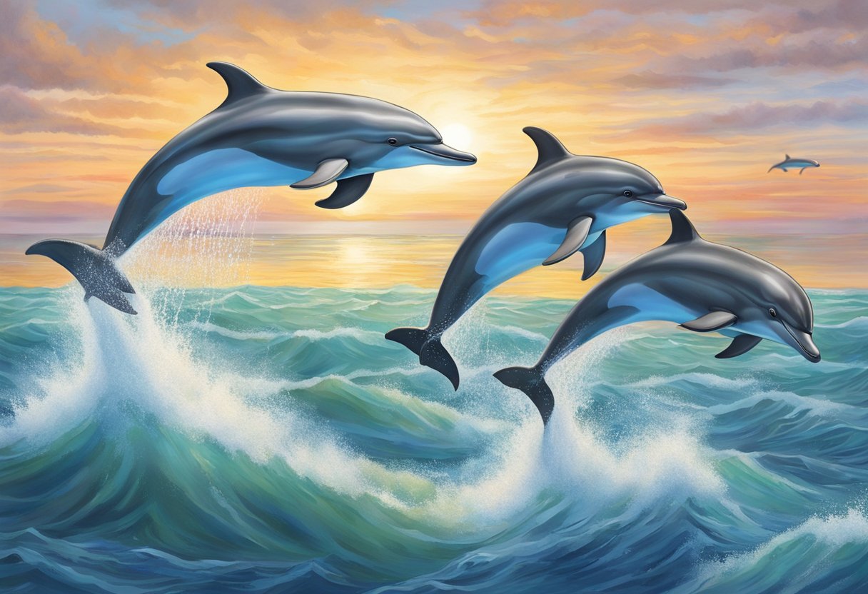 Dolphins leaping in the ocean off the coast of Cape May, NJ, with a backdrop of educational opportunities and wildlife conservation efforts