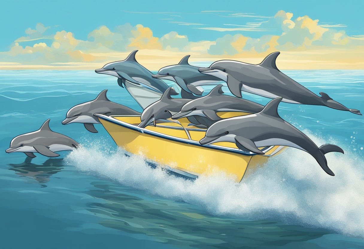 A group of dolphins playfully swim alongside a boat in the sparkling waters off the coast of Cape May, New Jersey